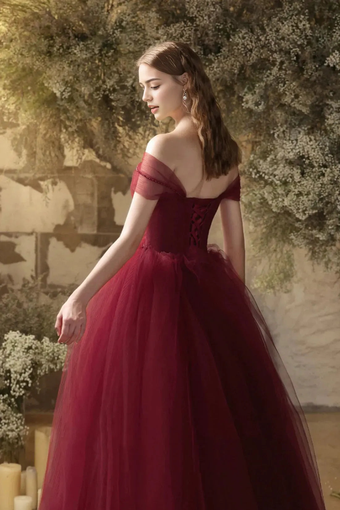 Burgundy Tulle Floor Length Prom Dress Beautiful Off the Shoulder Evening Party Dress