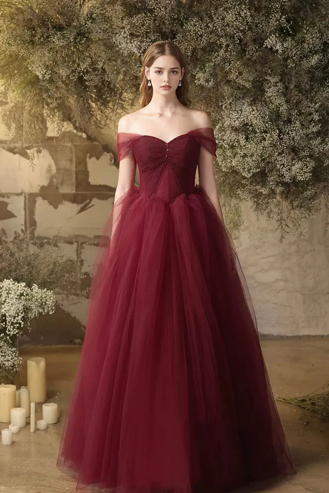 Burgundy Tulle Floor Length Prom Dress Beautiful Off the Shoulder Evening Party Dress