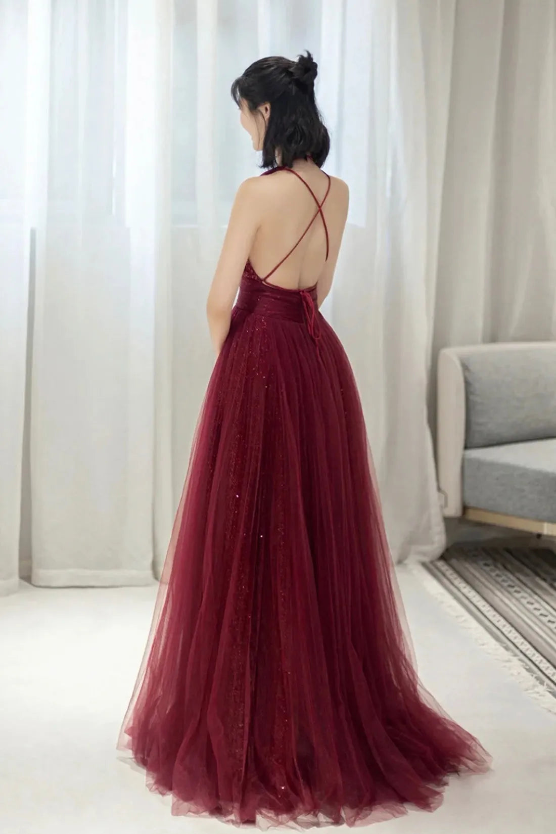 Burgundy Tulle Long A-Line Prom Dress V-Neck Backless Evening Party Dress