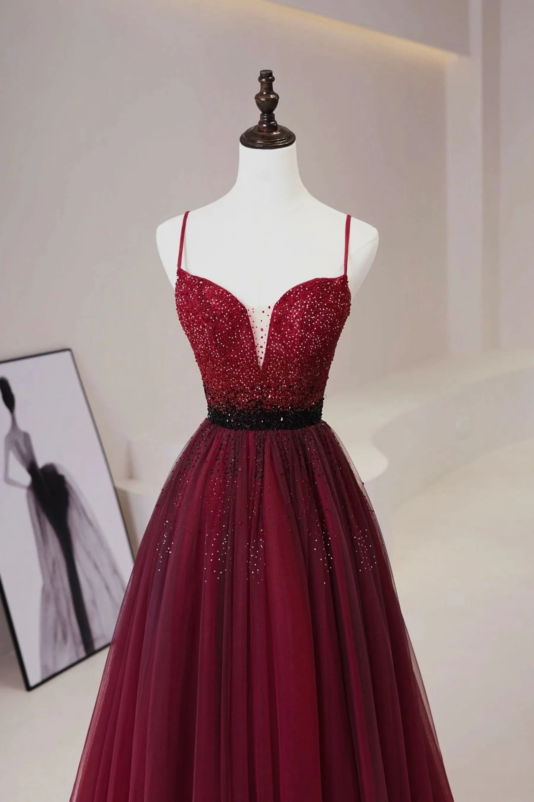 Burgundy Tulle Long Prom Dress with Beaded Spaghetti Straps Evening Dress ﻿
