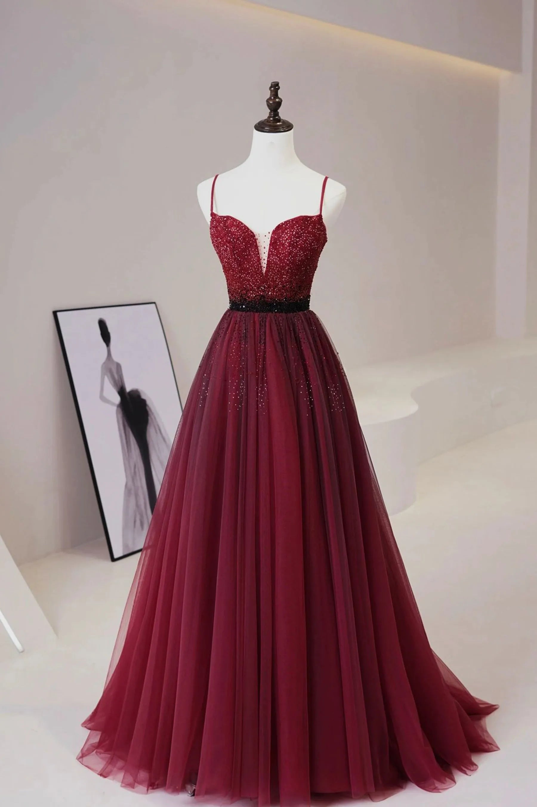 Burgundy Tulle Long Prom Dress with Beaded Spaghetti Straps Evening Dress ﻿