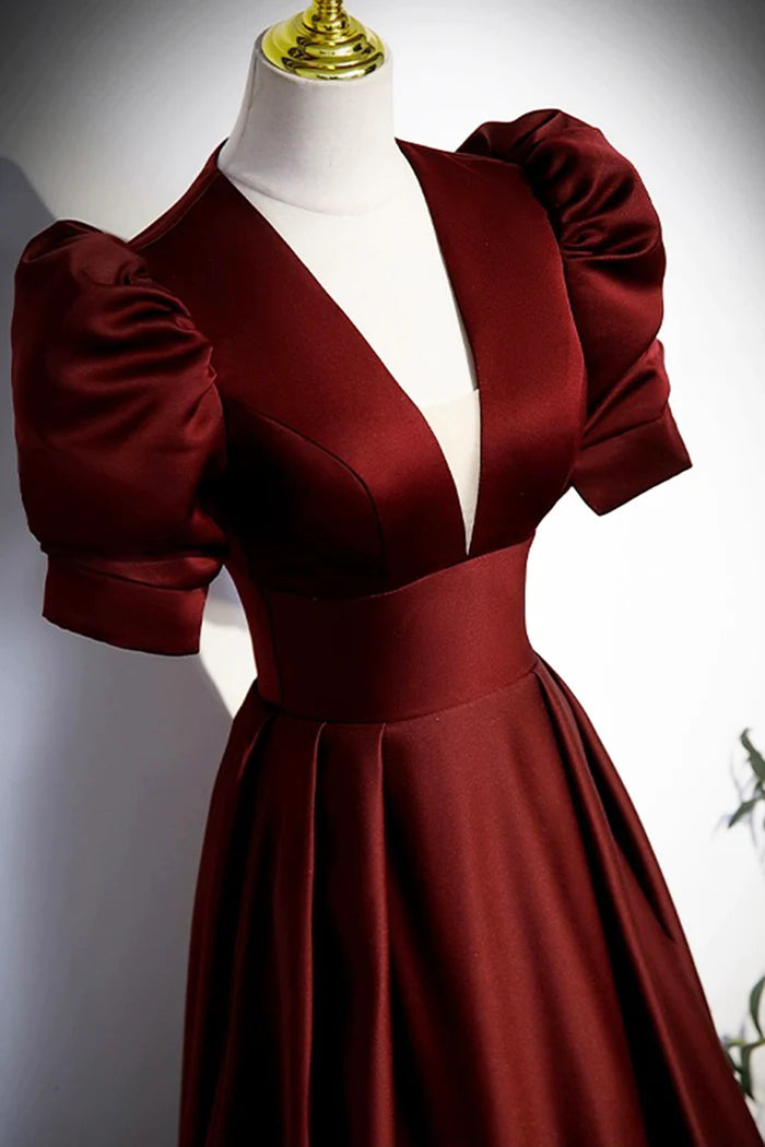 Burgundy V-Neck Satin Long Prom Dress Simple Short Sleeve Evening Party Dress