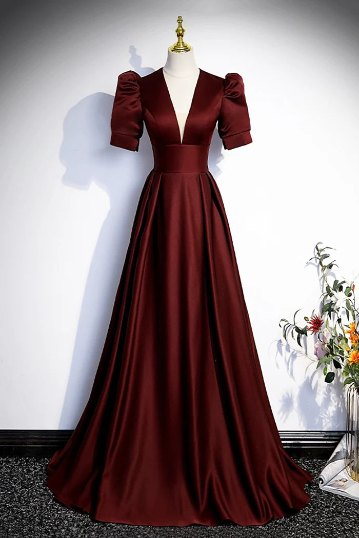 Burgundy V-Neck Satin Long Prom Dress Simple Short Sleeve Evening Party Dress