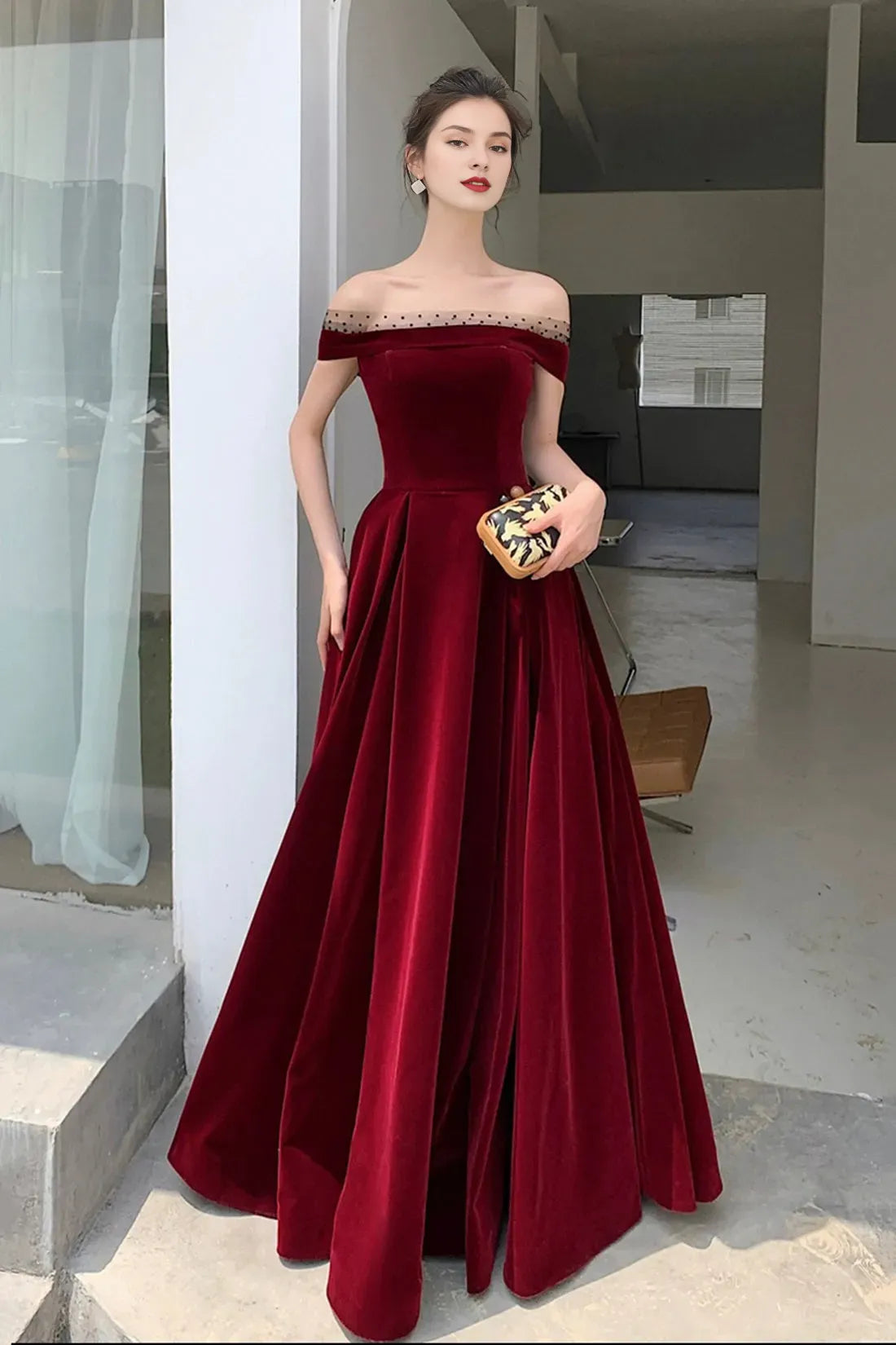 Burgundy Velvet Floor Length Prom Dress Beautiful A-Line Evening Party Dress