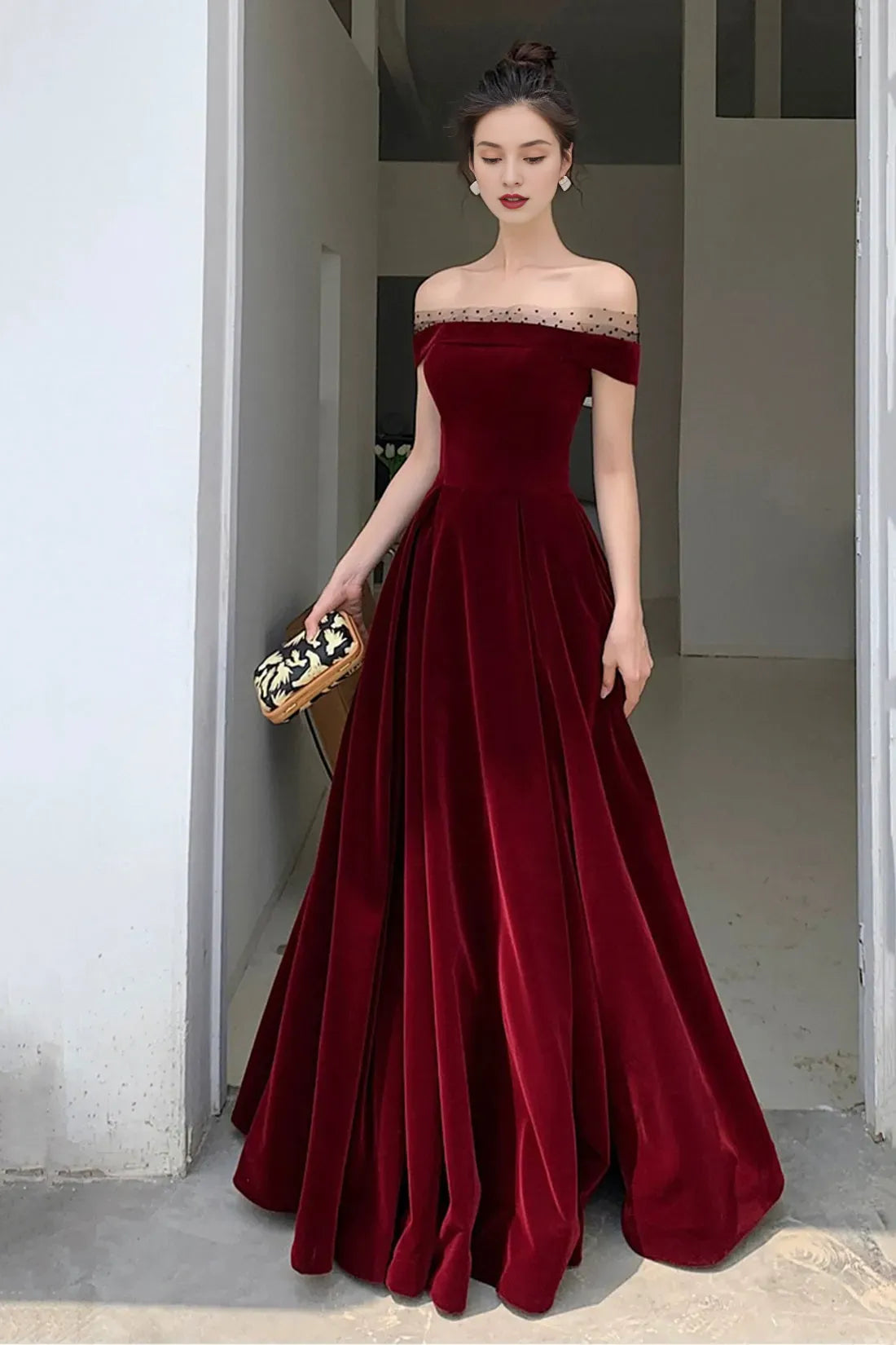 Burgundy Velvet Floor Length Prom Dress Beautiful A-Line Evening Party Dress