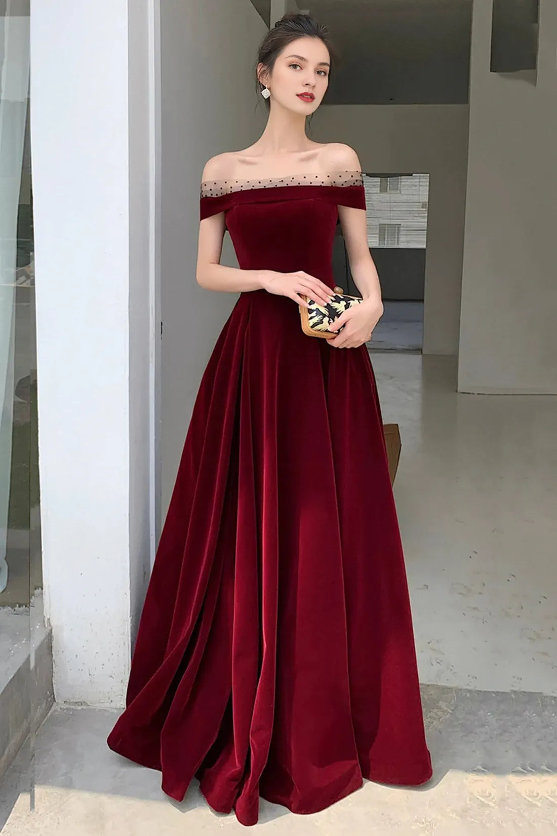 Burgundy Velvet Floor Length Prom Dress Beautiful A-Line Evening Party Dress