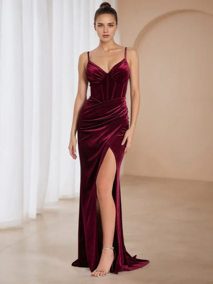 Burgundy Velvet Mermaid Prom Dress Plunging V - Neck Spaghetti Straps Side Slit for Timeless Gala Sophistication