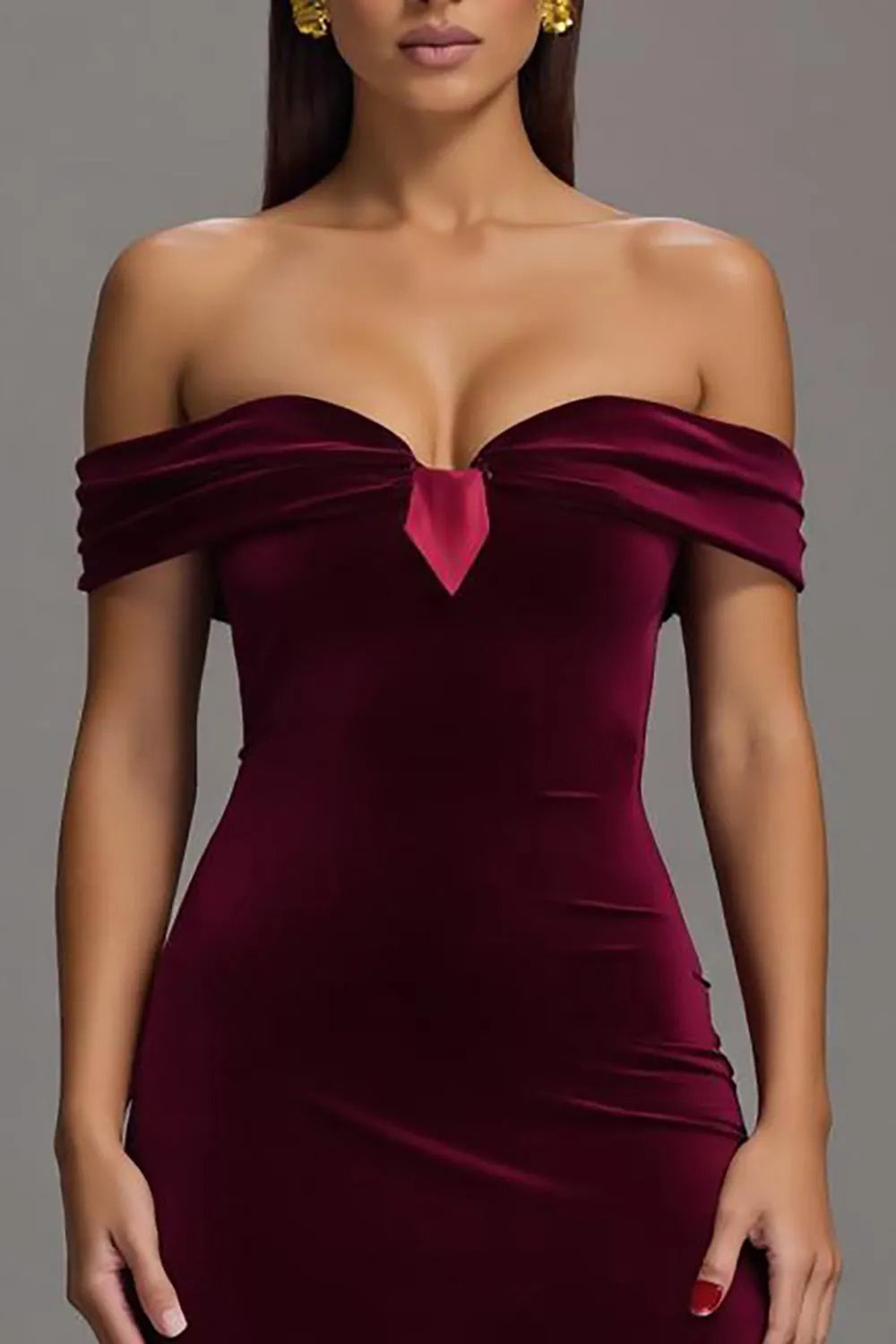 Burgundy Velvet Off The Shoulder Sheath Long Formal Dress with Slit