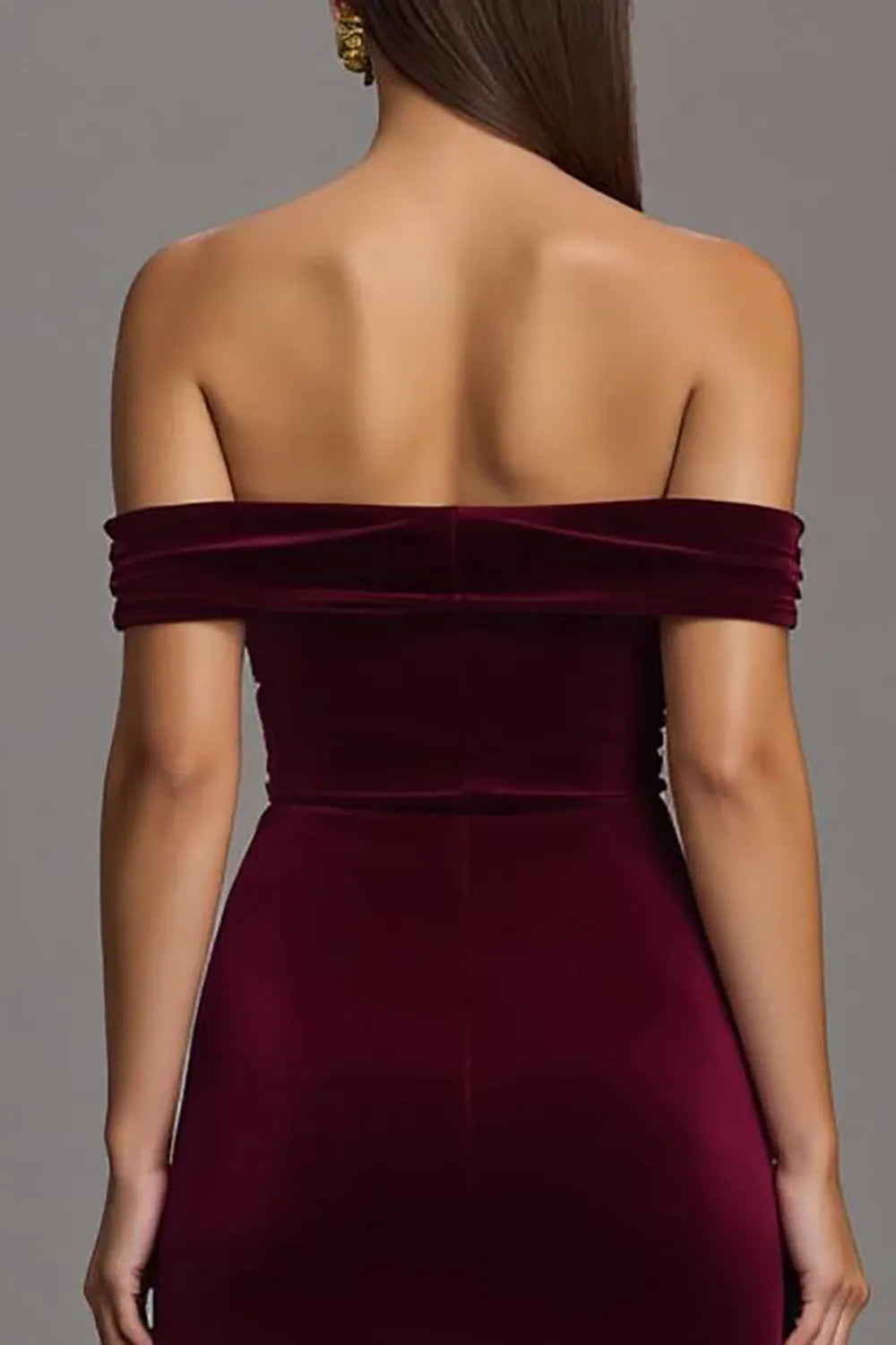 Burgundy Velvet Off The Shoulder Sheath Long Formal Dress with Slit