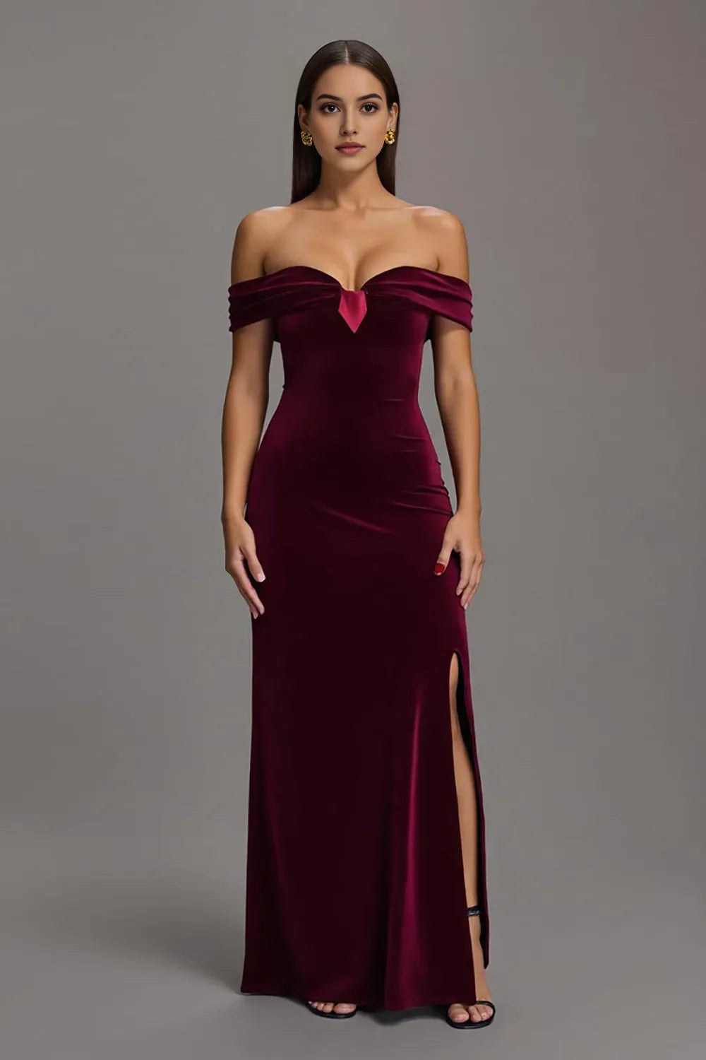 Burgundy Velvet Off The Shoulder Sheath Long Formal Dress with Slit