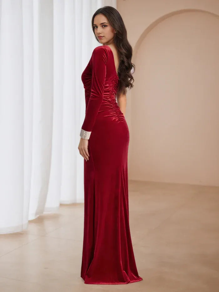Burgundy Velvet One Shoulder Prom Dress with Ruched Detailing and High Slit A Sophisticated Choice for Glamorous Evenings