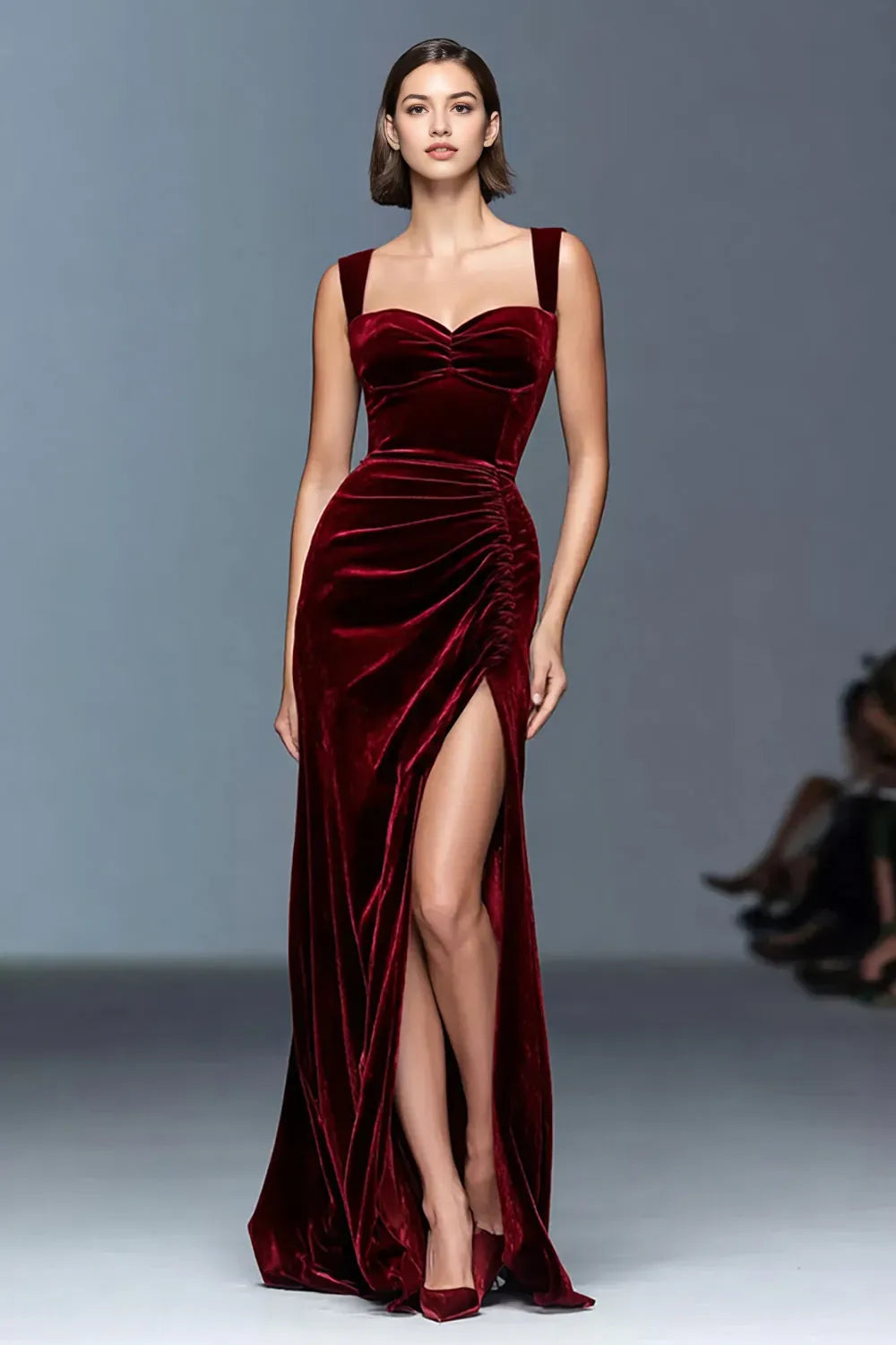 Burgundy Velvet Ruched Long Holiday Party Dress with Slit ?