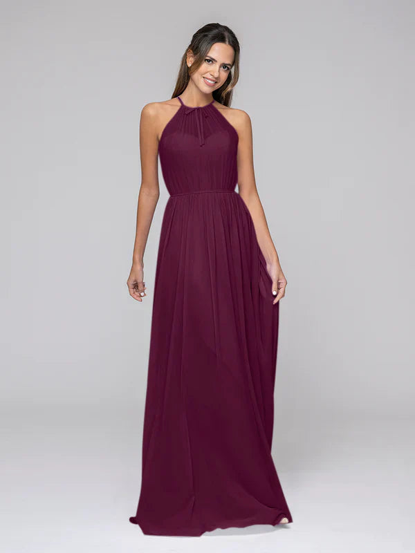 DingJiDress Long Chiffon Halter Bridal Party Dresses With Pleated Bodice Bridesmaid Dresses