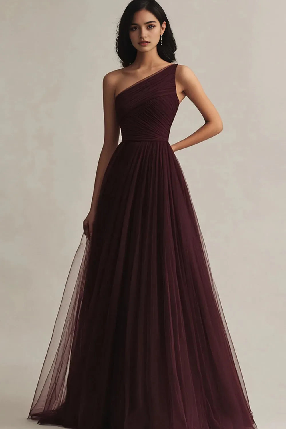 Burgundy Tulle A Line One Shoulder Evening Dress ?