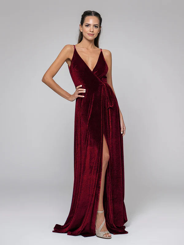 DingJiDress Straps Plunging V Neckline Long Velvet Dresses Bridesmaid Dresses