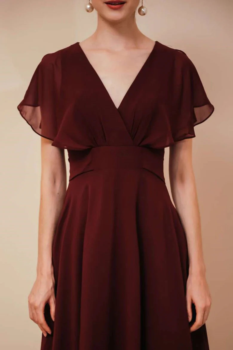 Burgundy chiffon V-neck bride's mother dress with ruffled sleeves