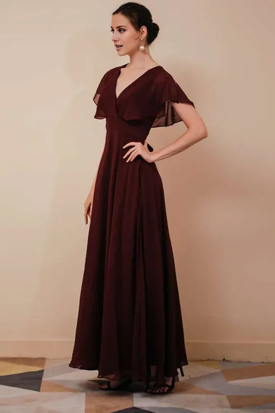 Burgundy chiffon V-neck bride's mother dress with ruffled sleeves