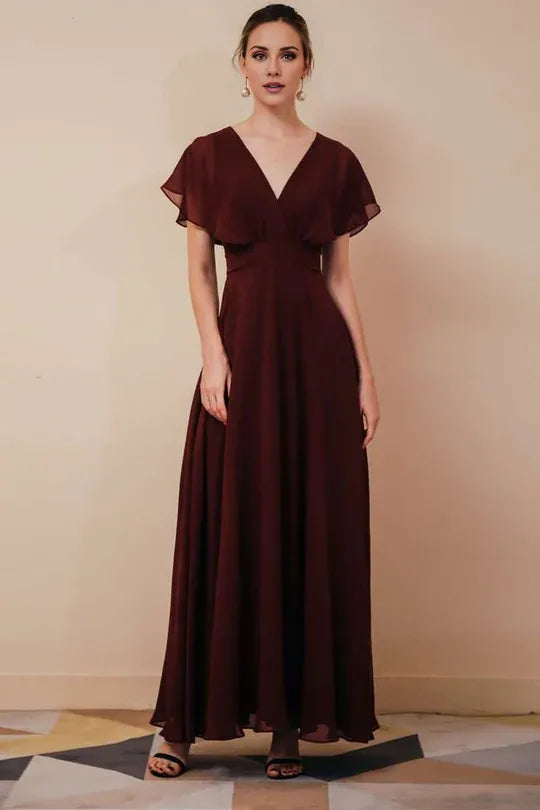 Burgundy chiffon V-neck bride's mother dress with ruffled sleeves