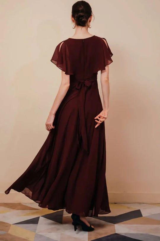 Burgundy chiffon V-neck bride's mother dress with ruffled sleeves