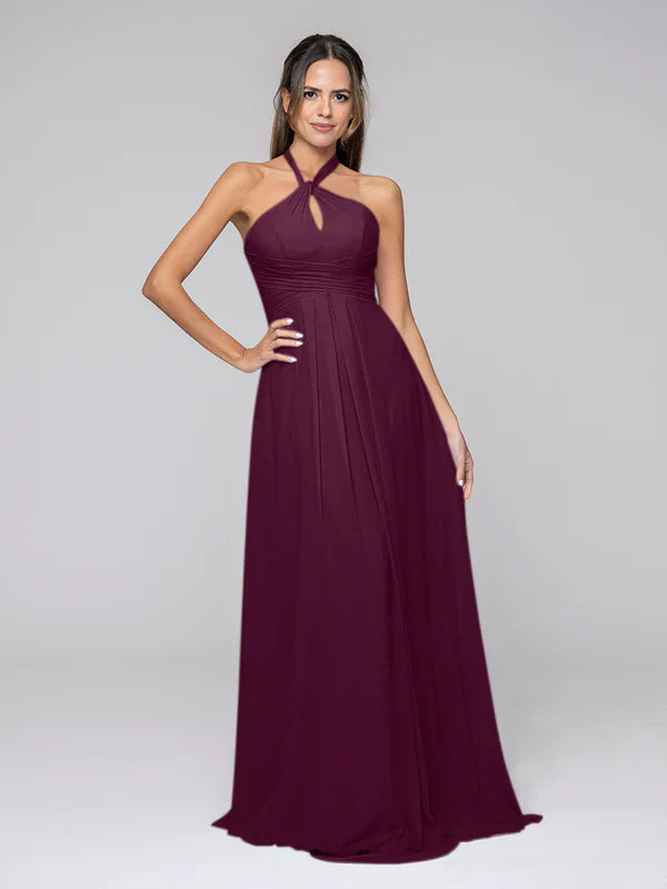 DingJiDress Tie-neck Halter Sleeveless Wedding Bridesmaid Dresses With Ruched Waist Bridesmaid Dresses