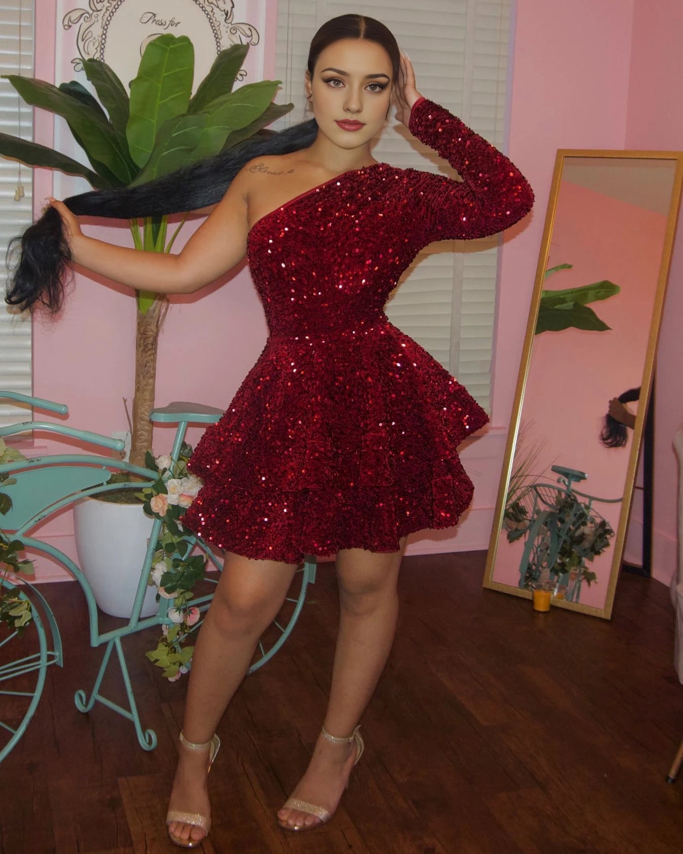 Burgundy sequin one sleeve Homecoming Dresses