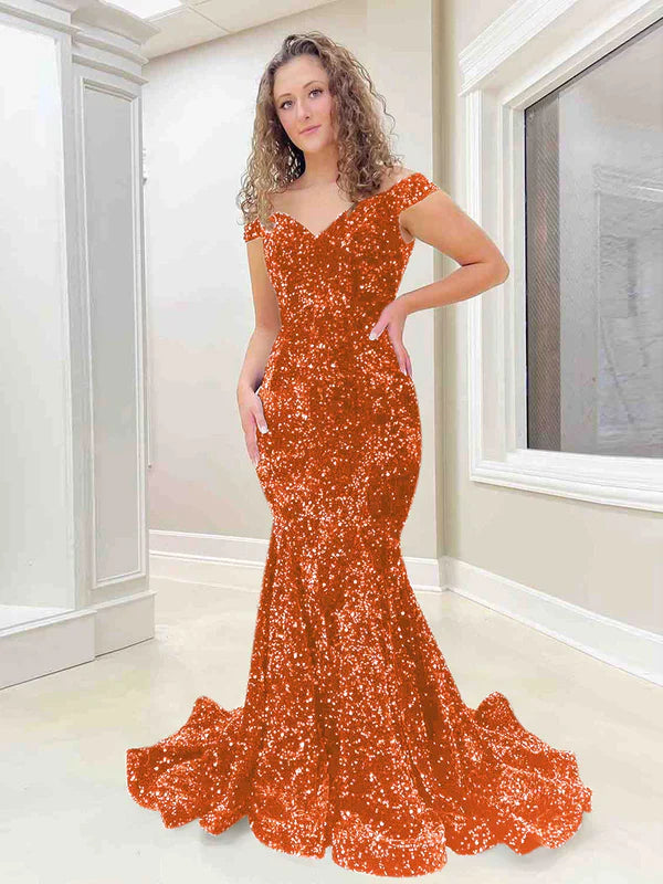 DingJiDress Mermaid Off the Shoulder Sleeveless Long Velvet Sequin Prom Dress