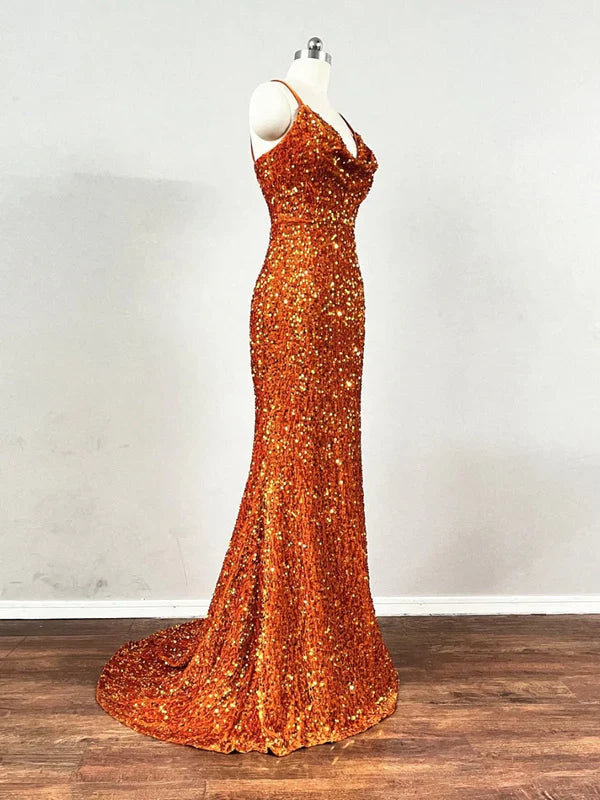 DingJiDress Spaghetti Strap Cowl Neckline Fitted Velvet Sequin Prom Dresses