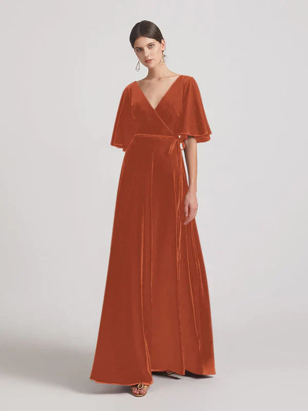 DingJiDress Elbow Length Flutter Sleeve Velvet Maxi Bridesmaid Dresses