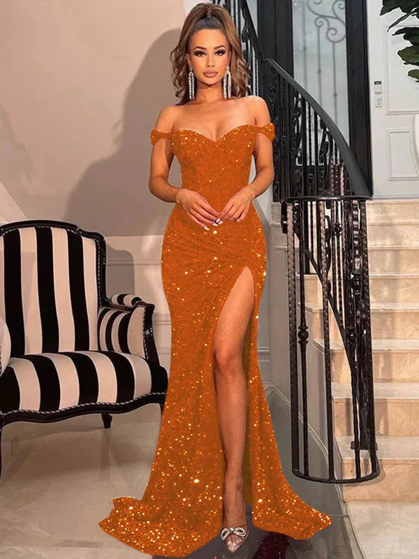 DingJiDress Sheath Off the Shoulder Short Sleeves Sweep Train Velvet Sequin Prom Dress