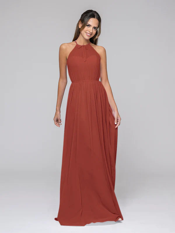DingJiDress Long Chiffon Halter Bridal Party Dresses With Pleated Bodice Bridesmaid Dresses