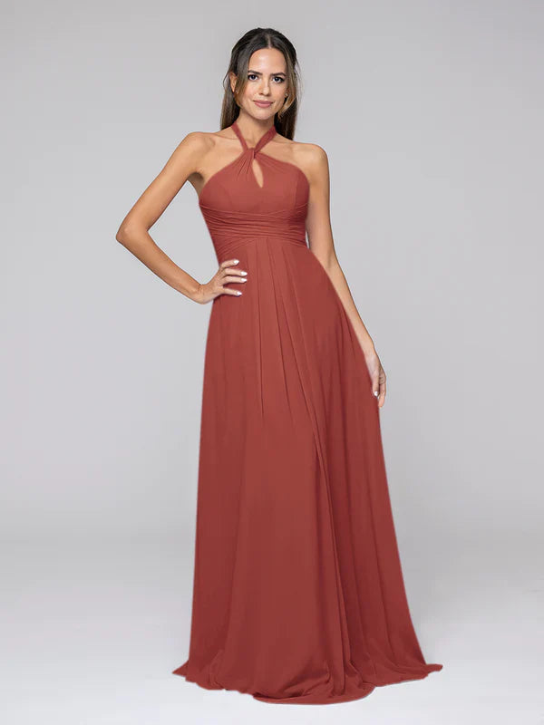 DingJiDress Tie-neck Halter Sleeveless Wedding Bridesmaid Dresses With Ruched Waist Bridesmaid Dresses