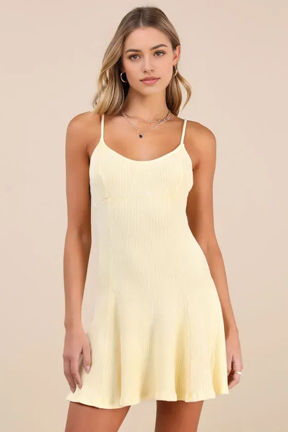 Butter Yellow Ribbed Homecoming Dress Spaghetti Straps Flowy Hem Radiate Youthful Charm at Your School Dance