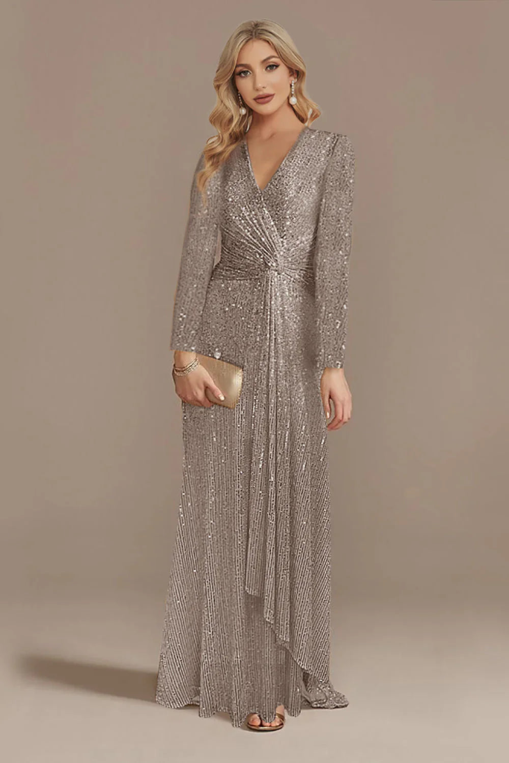 DingJiDress Elegant Glitter Navy V-Neck Mother of the Bride Dress with Long Sleeves Bridesmaid Dresses