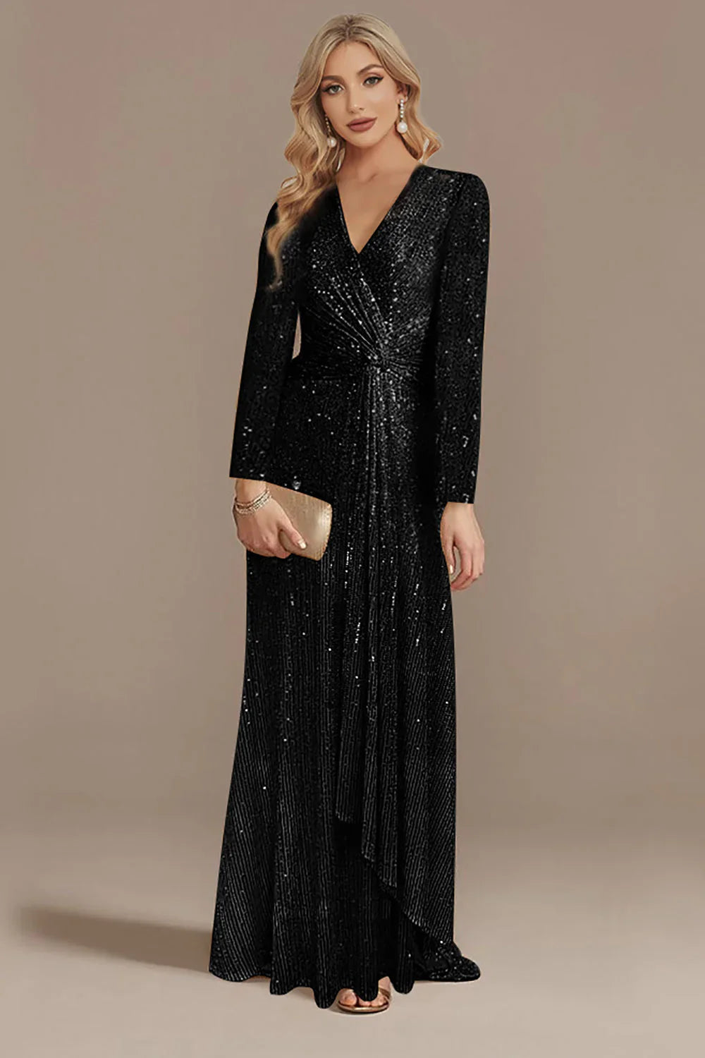 DingJiDress Elegant Glitter Navy V-Neck Mother of the Bride Dress with Long Sleeves Bridesmaid Dresses