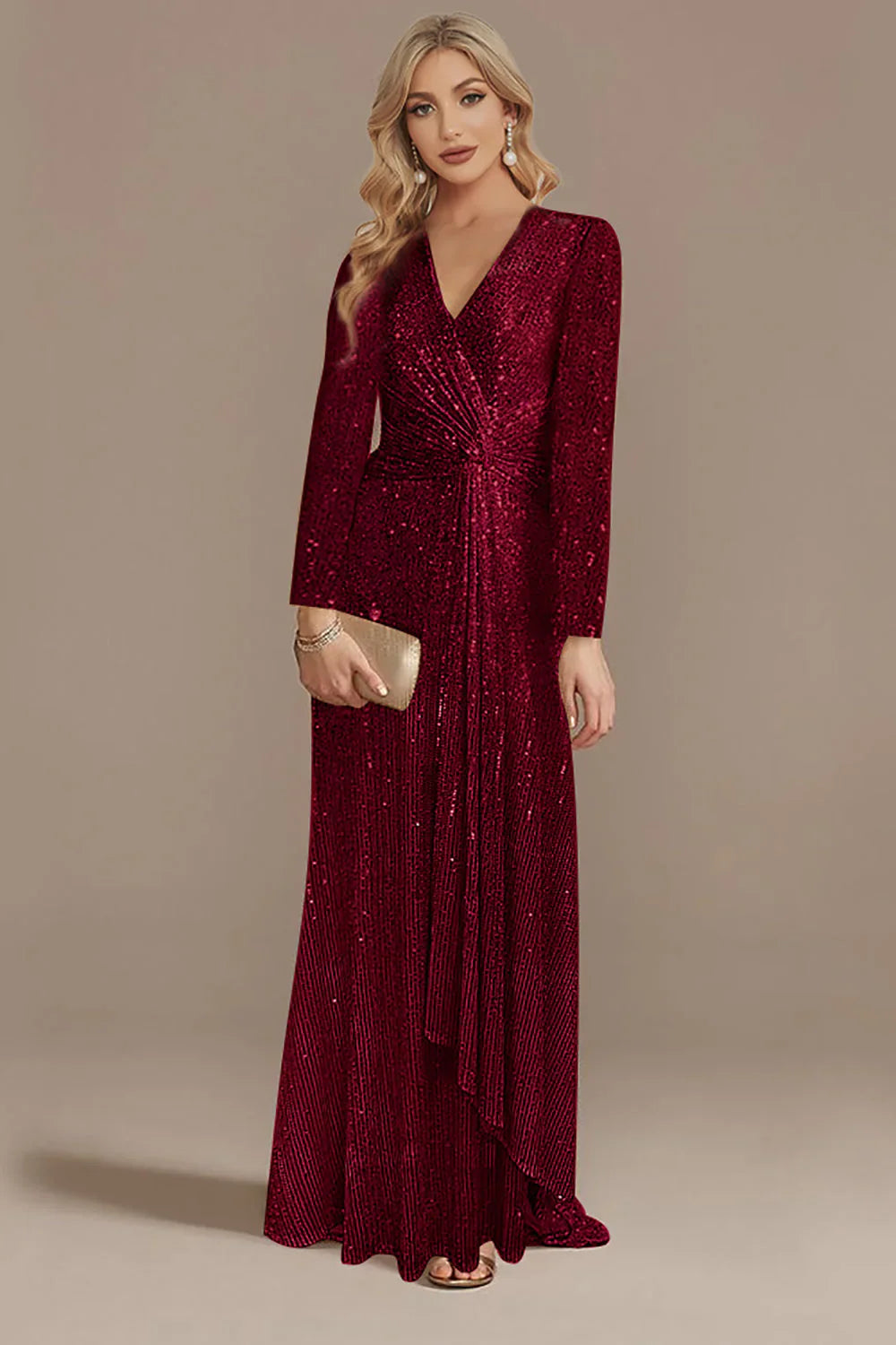 DingJiDress Elegant Glitter Navy V-Neck Mother of the Bride Dress with Long Sleeves Bridesmaid Dresses