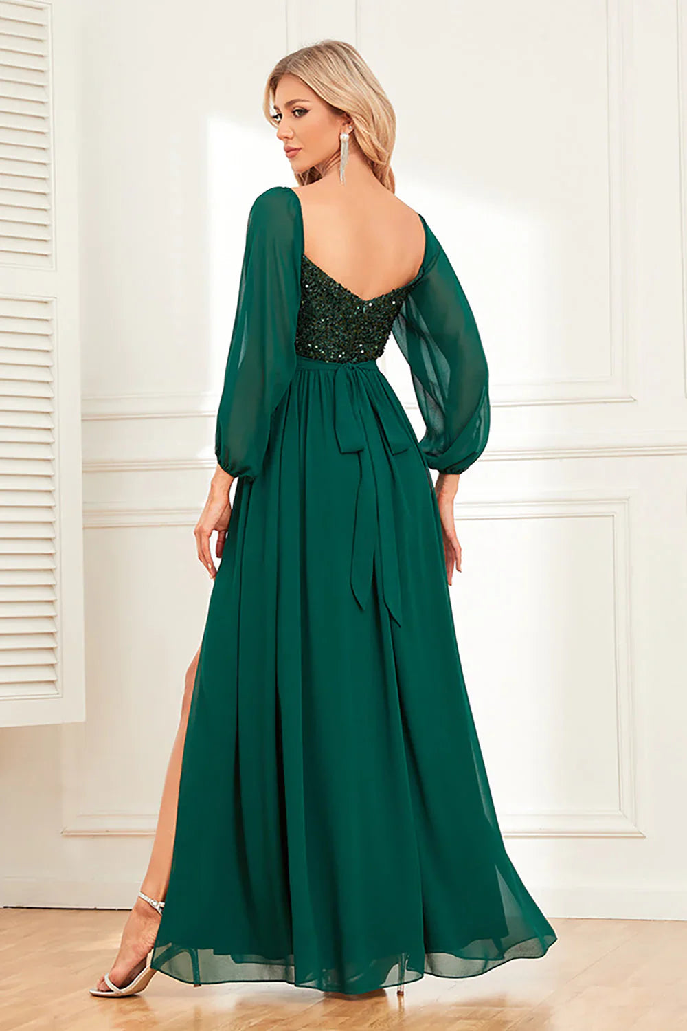 DingJiDress Elegant Prom Dresses Sparkly Pine Sweetheart Long Sleeves Formal Dress with Sequins