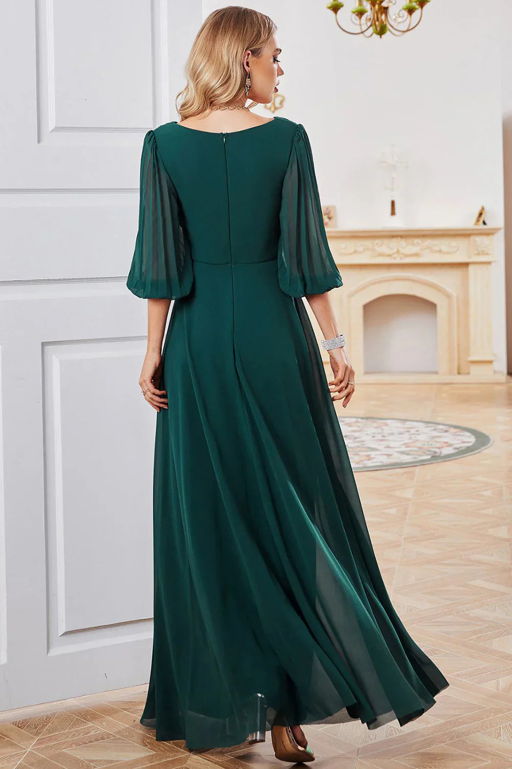 DingJiDress Fall Wedding Guest Dress November A Line V Neck Floor Length Dark Green Chiffon Evening Dress With Half Sleeves