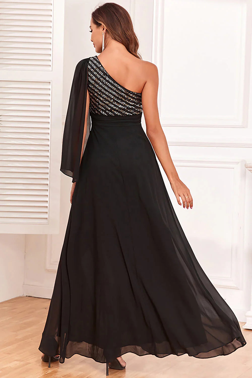 DingJiDress Elegant Sparkly Black Prom Dresses One Shoulder Floor-Length Dress with Sequins Wedding Guest Dresses