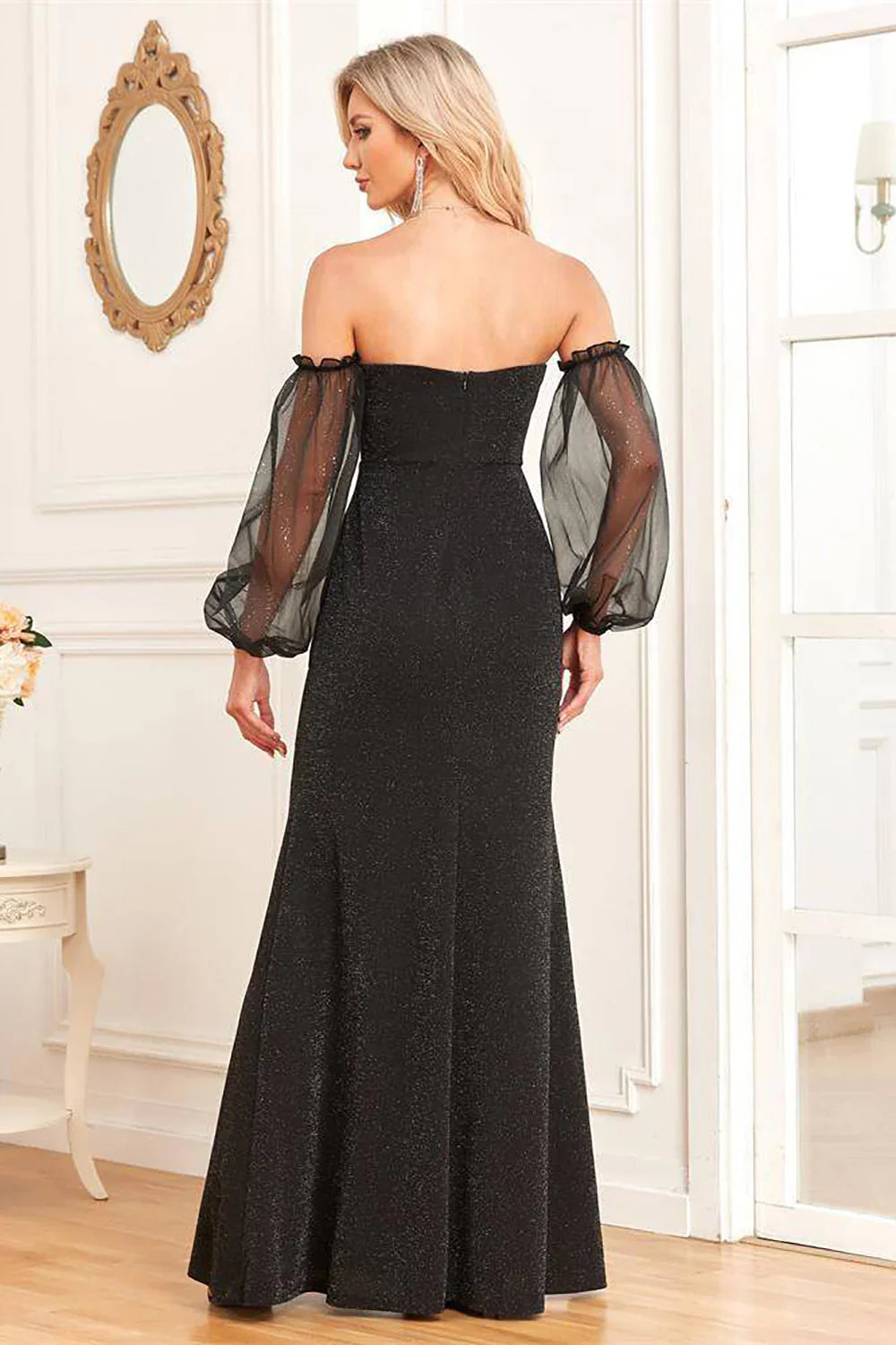 DingJiDress Black Wedding Guest Dresses Sheath Sparkly Long Formal Dress With Removable Sleeves Prom Dresses