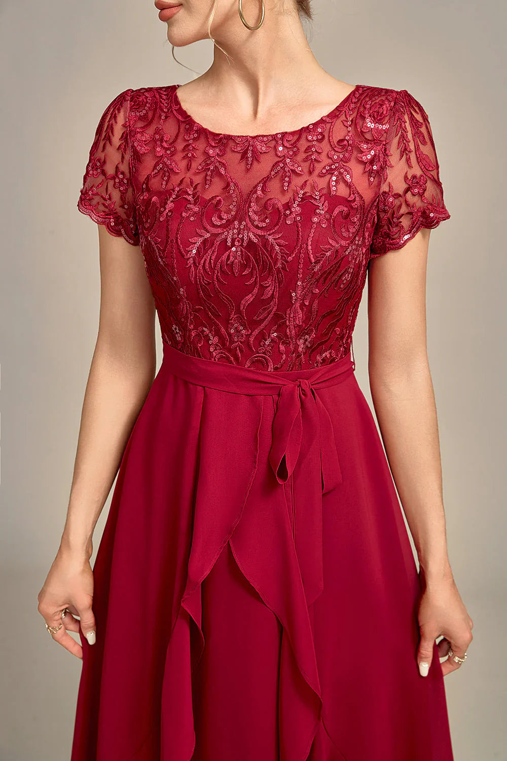 DingJiDress Elegant Sparkly Burgundy Asymmetrical Sequin Mother of Bride Dress with Appliques