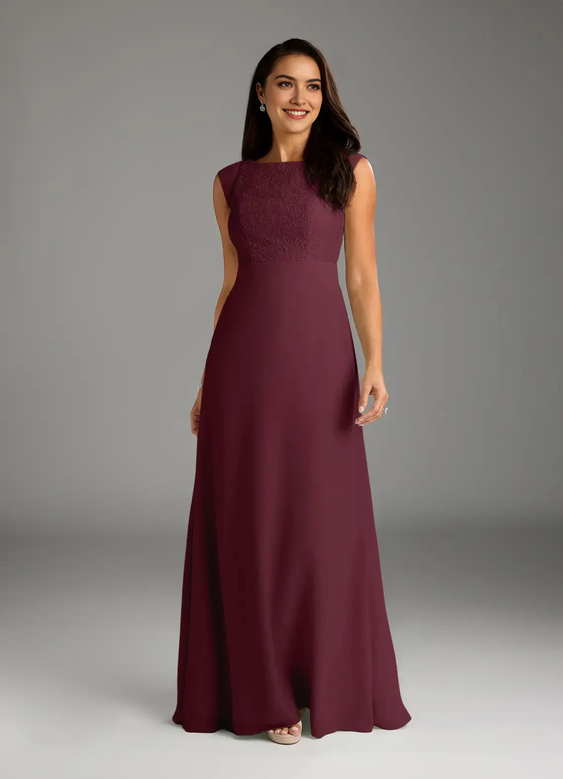 Cabernet A-Line Lace Chiffon Mother of the Bride Dress Exquisite Boat Neckline Hand Crafted Bodice Artfully Draped Flowy Skirt  Hot Sale