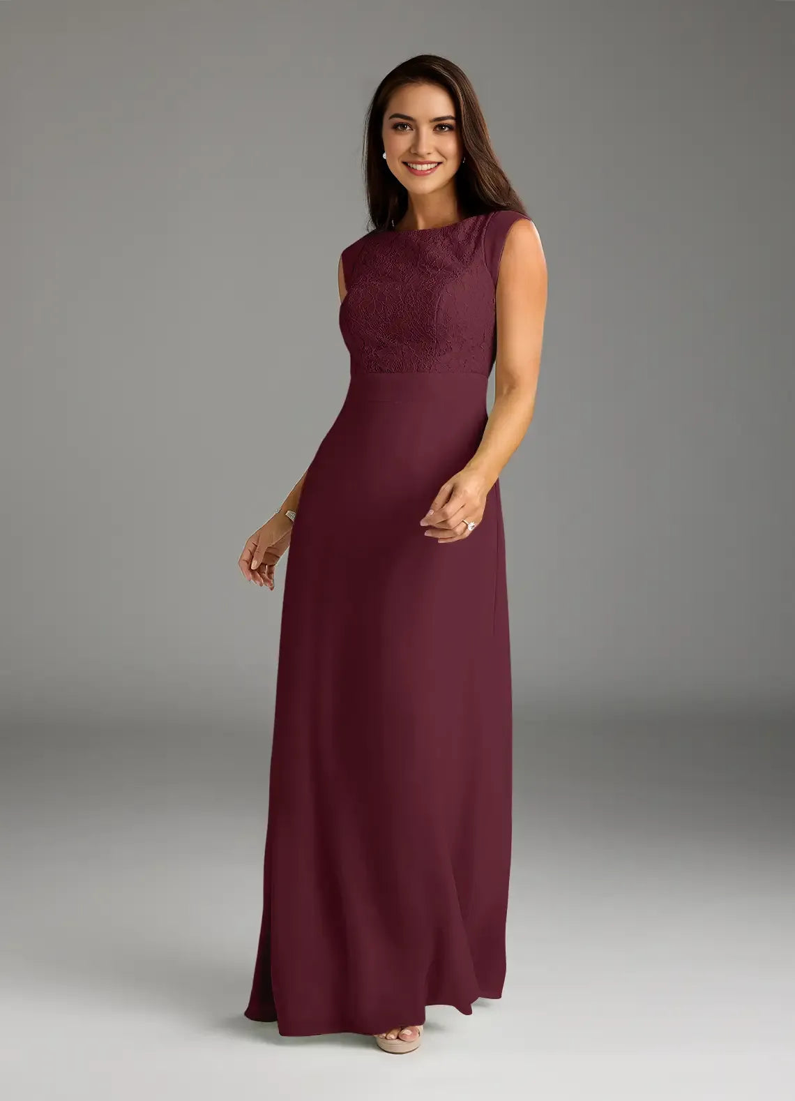 Cabernet A-Line Lace Chiffon Mother of the Bride Dress Exquisite Boat Neckline Hand Crafted Bodice Artfully Draped Flowy Skirt  Hot Sale