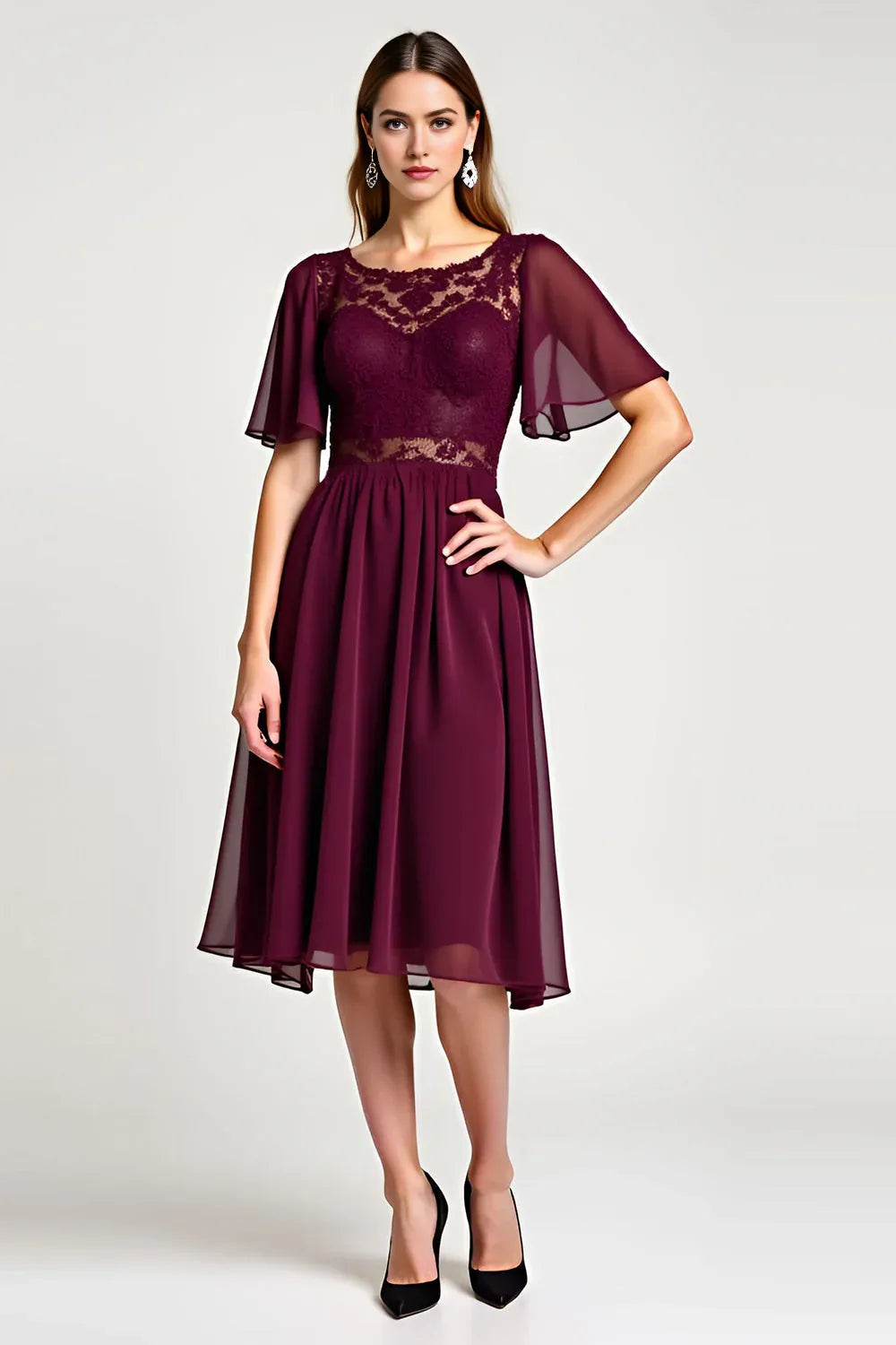 Cabernet Round Neck Embroideried Midi Length Mother of the Bride Dress