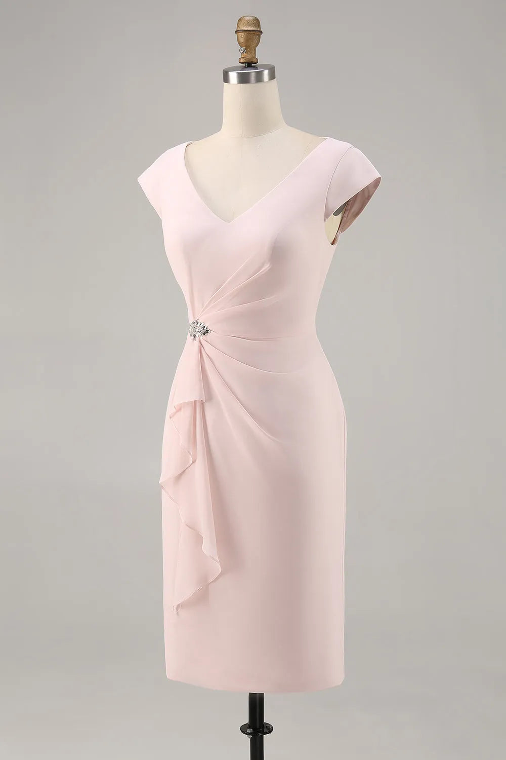 Candy Pink Bodycon V Neck Midi Mother of Bride Dress with Ruffles