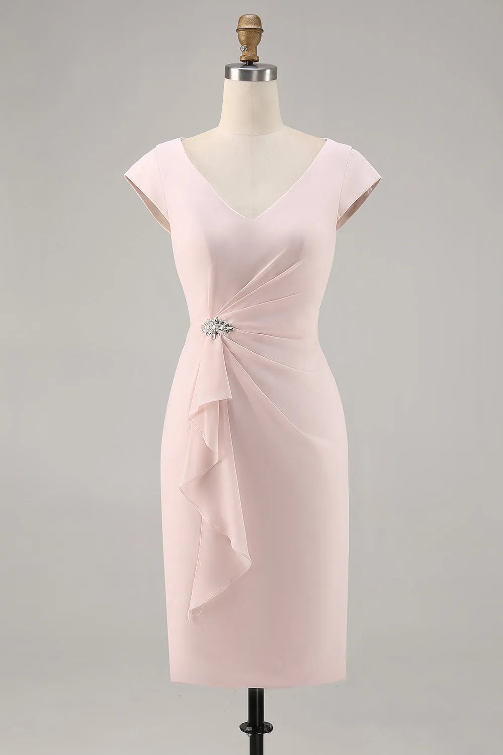Candy Pink Bodycon V Neck Midi Mother of Bride Dress with Ruffles