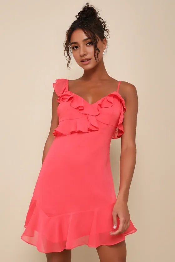 Captivating Always Coral Pink Ruffled Asymmetrical Homecoming Dresses