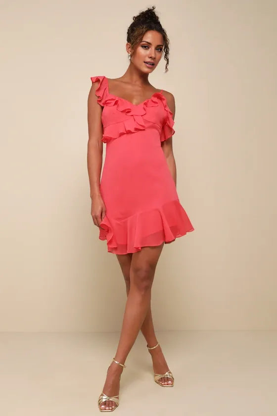 Captivating Always Coral Pink Ruffled Asymmetrical Party Dresses