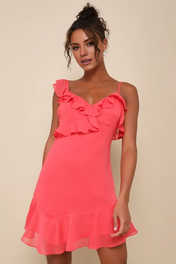 Captivating Always Coral Pink Ruffled Asymmetrical Party Dresses