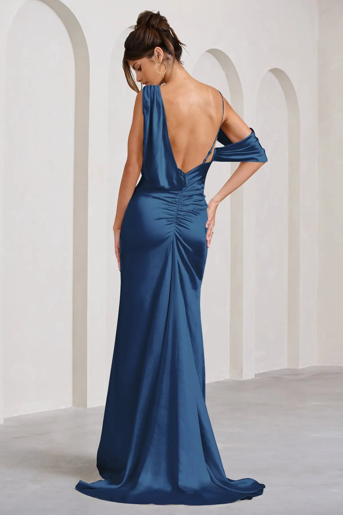 Captivating Navy Blue Satin Prom Dresses with One  Shoulder Design Flowing Drapes and Alluring