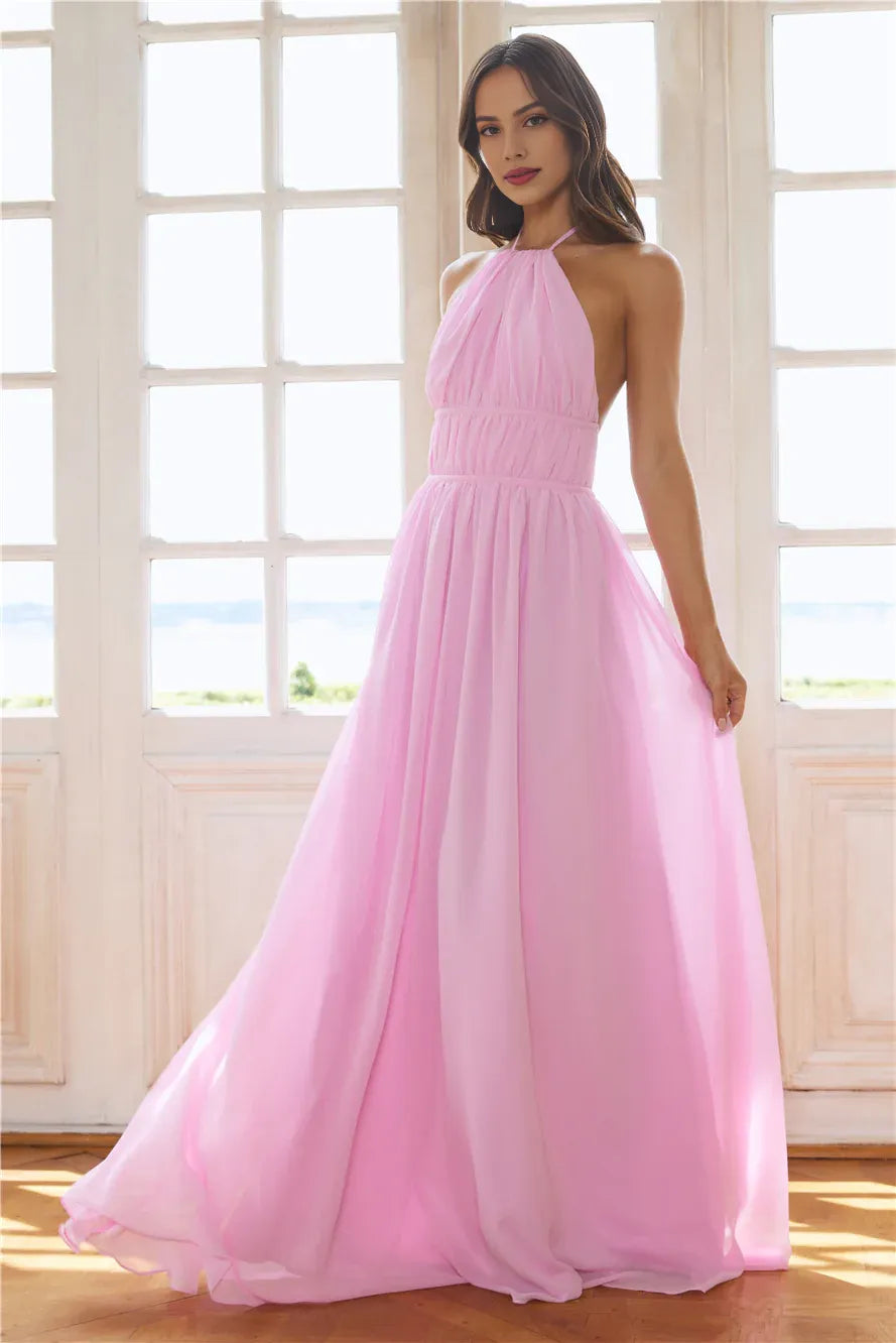 Casual Fashion A-line Halter Pleated Tie Open Back Pink Floor Length Prom Dress